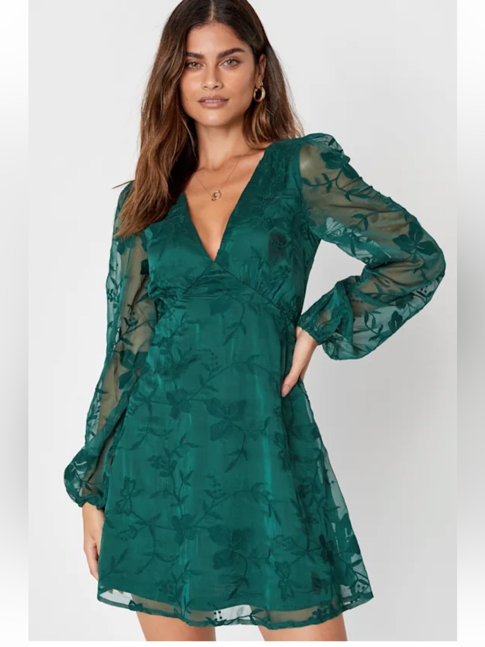 Lulu's Emerald Green Floral Long Sleeve Mini Dress